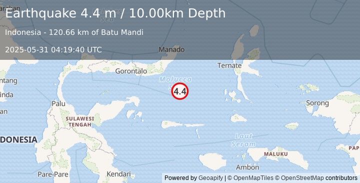 Earthquake MOLUCCA SEA (4.4 m) (2025-05-31 04:19:40 UTC)