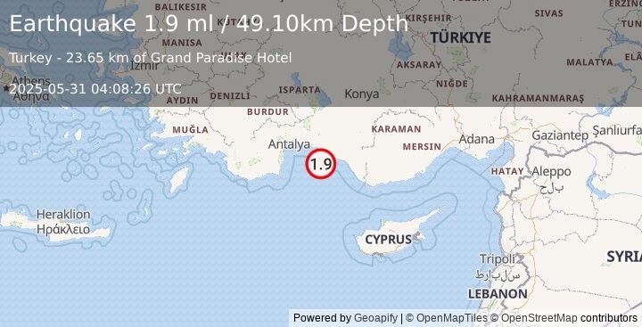 Earthquake WESTERN TURKEY (1.9 ml) (2025-05-31 04:08:26 UTC)