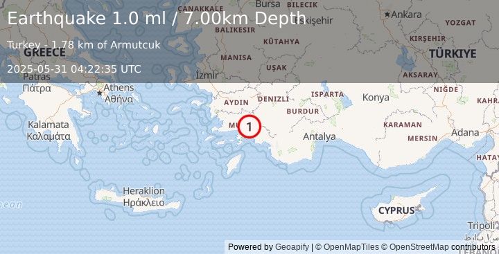 Earthquake WESTERN TURKEY (1.0 ml) (2025-05-31 04:22:35 UTC)