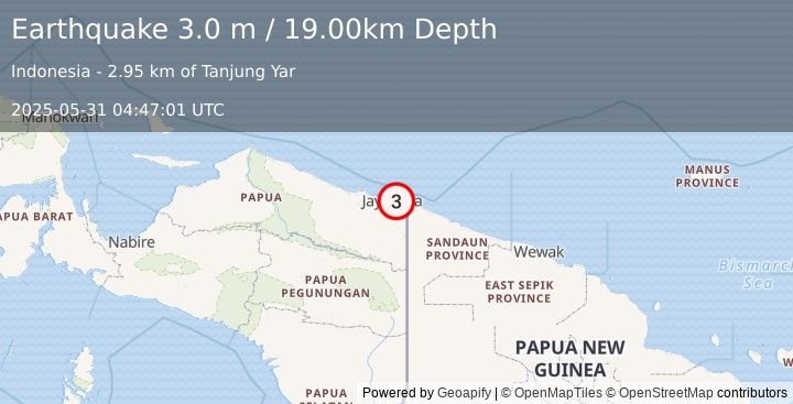 Earthquake NEAR N COAST OF PAPUA, INDONESIA (3.0 m) (2025-05-31 04:47:01 UTC)