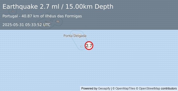 Earthquake AZORES ISLANDS REGION (2.7 ml) (2025-05-31 05:33:52 UTC)