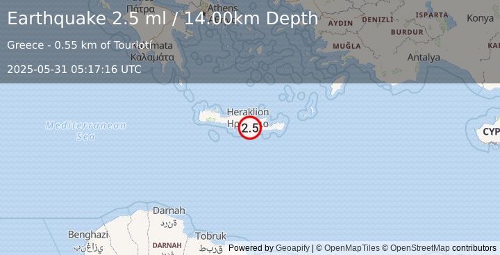Earthquake CRETE, GREECE (2.5 ml) (2025-05-31 05:17:16 UTC)