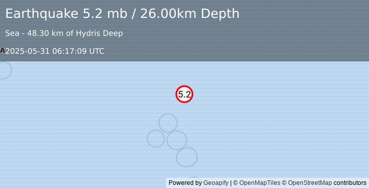 Earthquake SOUTH SANDWICH ISLANDS REGION (5.3 mb) (2025-05-31 06:17:06 UTC)