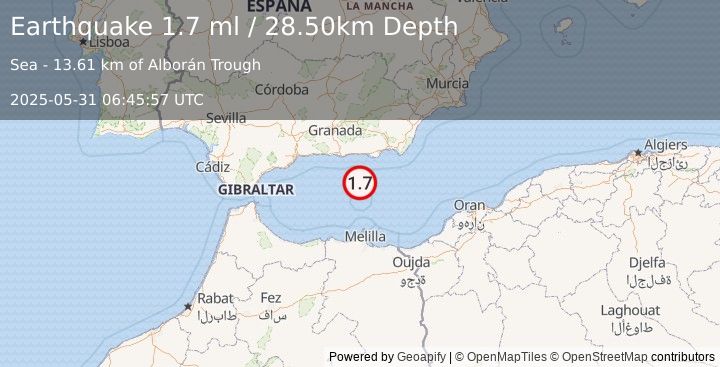 Earthquake STRAIT OF GIBRALTAR (1.7 ml) (2025-05-31 06:45:57 UTC)