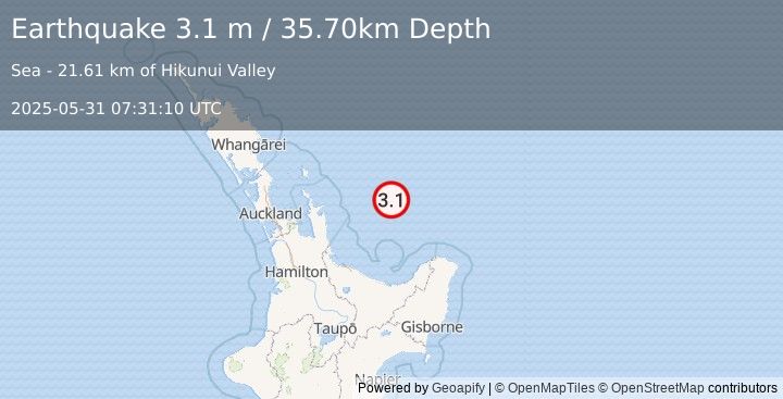 Earthquake OFF E. COAST OF N. ISLAND, N.Z. (3.1 m) (2025-05-31 07:31:10 UTC)