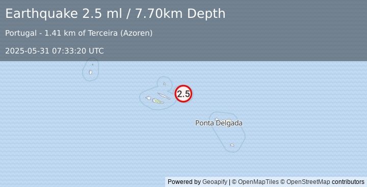 Earthquake AZORES ISLANDS, PORTUGAL (2.5 ml) (2025-05-31 07:33:20 UTC)