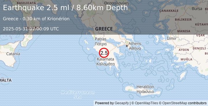 Earthquake SOUTHERN GREECE (2.5 ml) (2025-05-31 07:00:09 UTC)