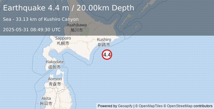 Earthquake HOKKAIDO, JAPAN REGION (4.4 m) (2025-05-31 08:49:30 UTC)