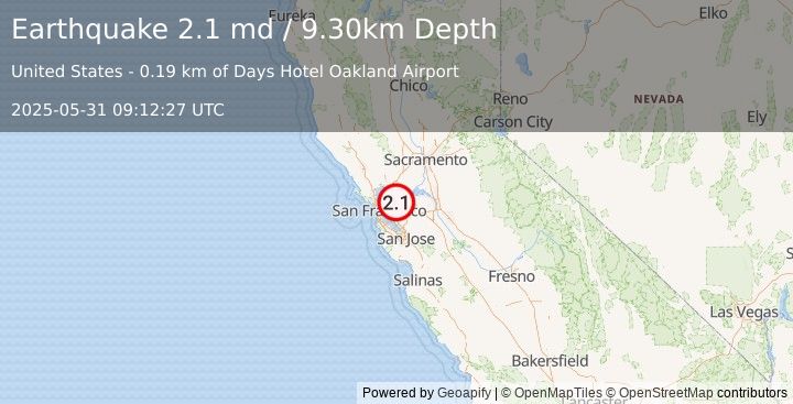 Earthquake SAN FRANCISCO BAY AREA, CALIF. (2.1 md) (2025-05-31 09:12:27 UTC)