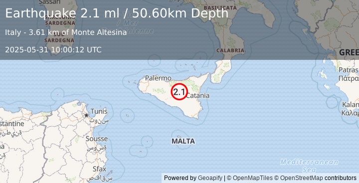 Earthquake SICILY, ITALY (2.1 ml) (2025-05-31 10:00:12 UTC)