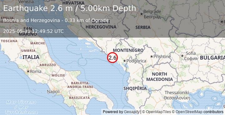 Earthquake BOSNIA AND HERZEGOVINA (2.6 m) (2025-05-31 12:49:52 UTC)