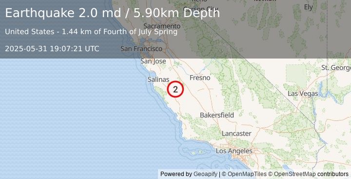 Earthquake CENTRAL CALIFORNIA (2.0 md) (2025-05-31 19:07:21 UTC)