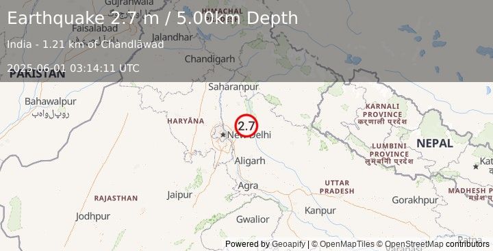 Earthquake HARYANA-UTTAR PRADESH REG, INDIA (2.7 m) (2025-06-01 03:14:11 UTC)