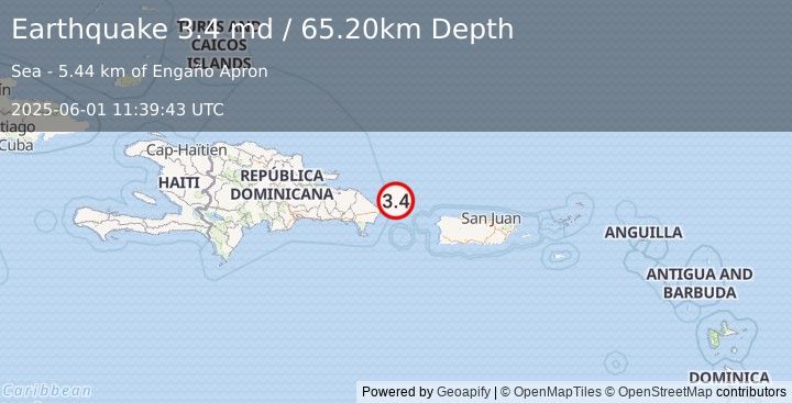 Earthquake DOMINICAN REPUBLIC REGION (3.4 md) (2025-06-01 11:39:43 UTC)
