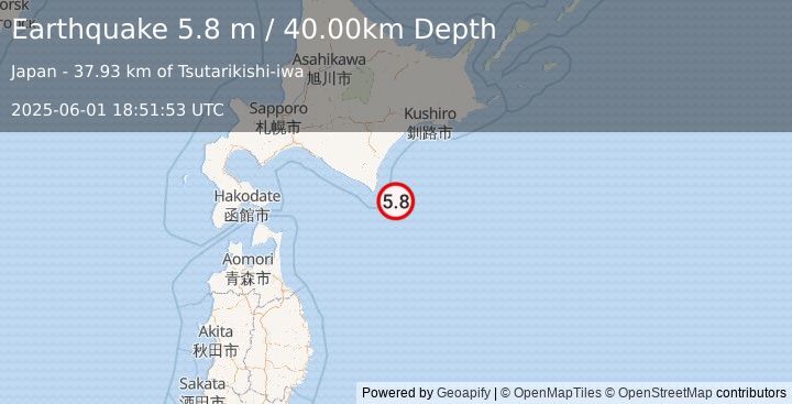Earthquake HOKKAIDO, JAPAN REGION (6.0 mw) (2025-06-01 18:51:53 UTC)