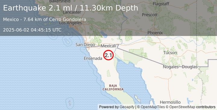 Earthquake BAJA CALIFORNIA, MEXICO (2.1 ml) (2025-06-02 04:45:15 UTC)
