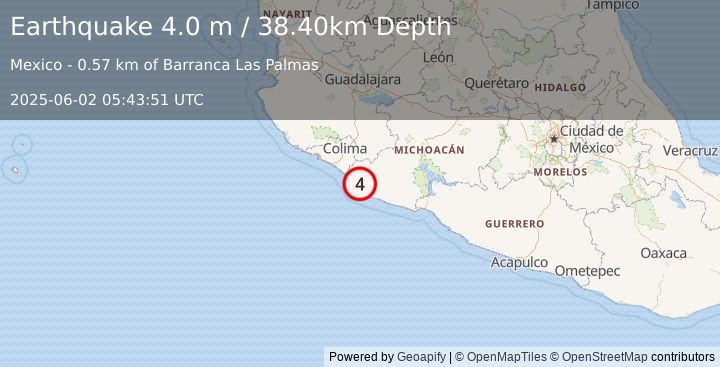 Earthquake MICHOACAN, MEXICO (4.0 m) (2025-06-02 05:43:51 UTC)