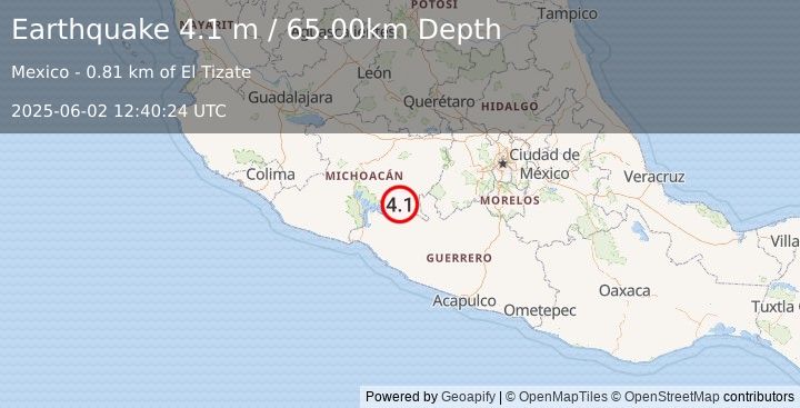 Earthquake MICHOACAN, MEXICO (4.1 m) (2025-06-02 12:40:24 UTC)