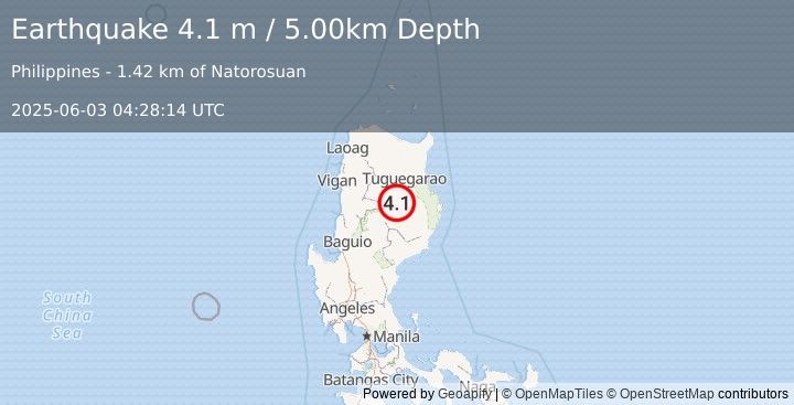 Earthquake LUZON, PHILIPPINES (4.1 m) (2025-06-03 04:28:14 UTC)