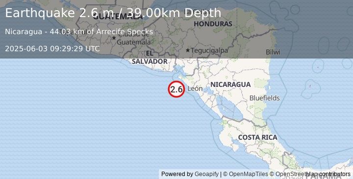 Earthquake NEAR COAST OF NICARAGUA (2.6 m) (2025-06-03 09:29:29 UTC)