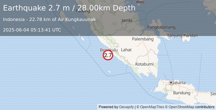 Earthquake SOUTHERN SUMATRA, INDONESIA (2.7 m) (2025-06-04 05:13:41 UTC)