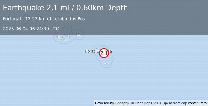 Earthquake AZORES ISLANDS, PORTUGAL (2.1 ml) (2025-06-04 06:24:30 UTC)