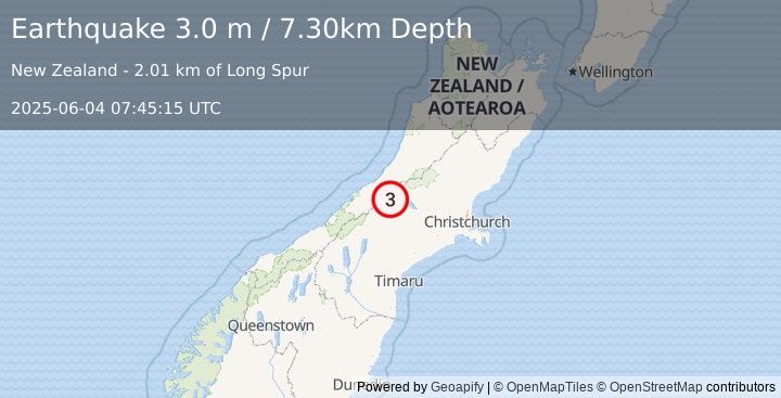 Earthquake SOUTH ISLAND OF NEW ZEALAND (3.0 m) (2025-06-04 07:45:15 UTC)