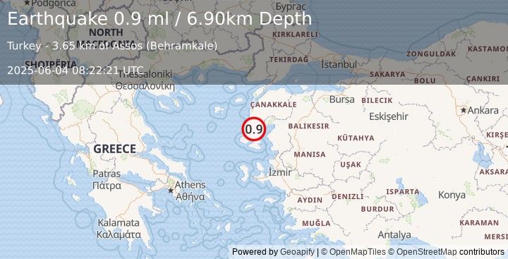 Earthquake NEAR THE COAST OF WESTERN TURKEY (0.9 ml) (2025-06-04 08:22:21 UTC)