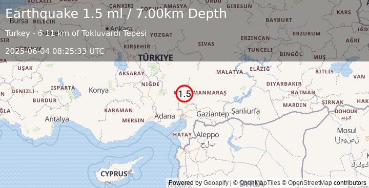 Earthquake CENTRAL TURKEY (1.5 ml) (2025-06-04 08:25:33 UTC)