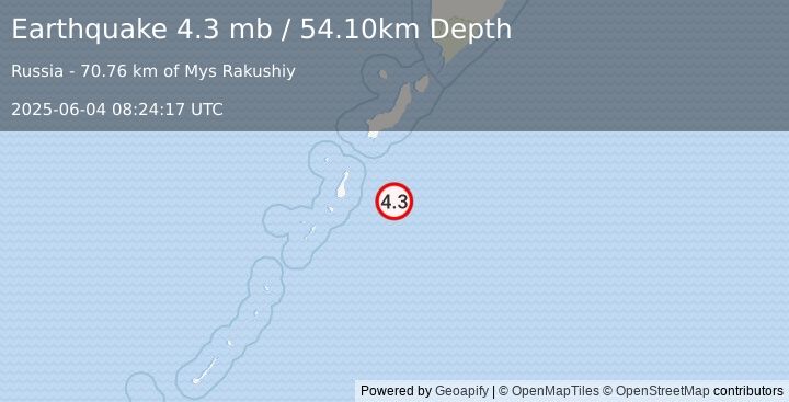 Earthquake KURIL ISLANDS (4.3 mb) (2025-06-04 08:24:17 UTC)