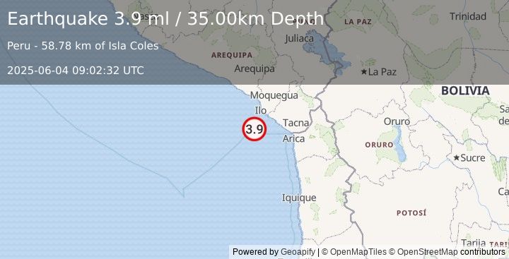 Earthquake OFF COAST OF TARAPACA, CHILE (4.0 m) (2025-06-04 09:02:31 UTC)