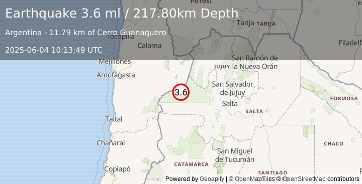 Earthquake SALTA, ARGENTINA (3.6 ml) (2025-06-04 10:13:49 UTC)