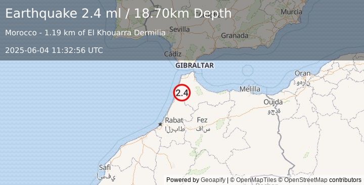 Earthquake STRAIT OF GIBRALTAR (2.4 ml) (2025-06-04 11:32:56 UTC)