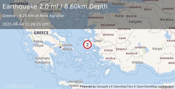 Earthquake NEAR THE COAST OF WESTERN TURKEY (2.0 ml) (2025-06-04 11:26:31 UTC)