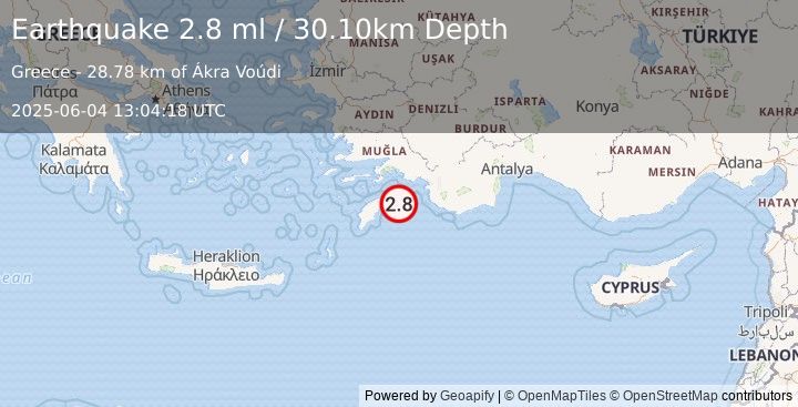 Earthquake DODECANESE IS.-TURKEY BORDER REG (2.8 ml) (2025-06-04 13:04:18 UTC)