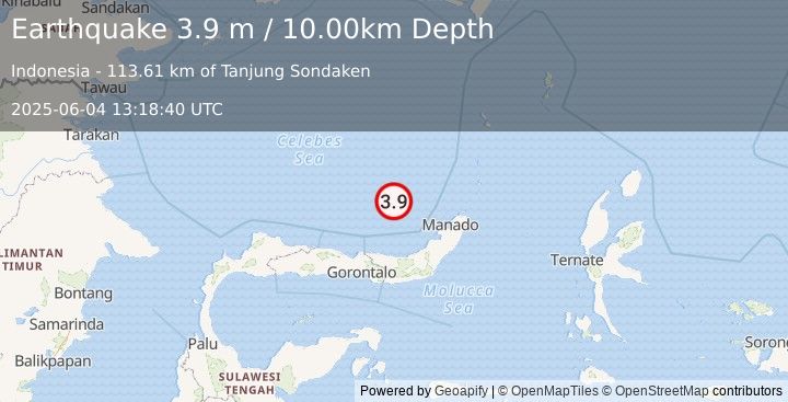 Earthquake MINAHASA, SULAWESI, INDONESIA (3.9 m) (2025-06-04 13:18:40 UTC)