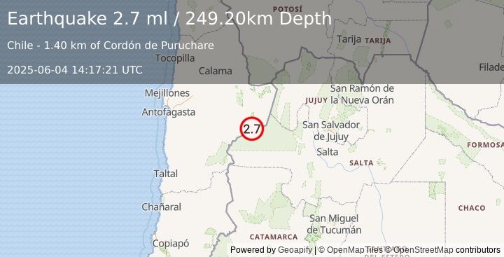 Earthquake ANTOFAGASTA, CHILE (2.7 ml) (2025-06-04 14:17:21 UTC)