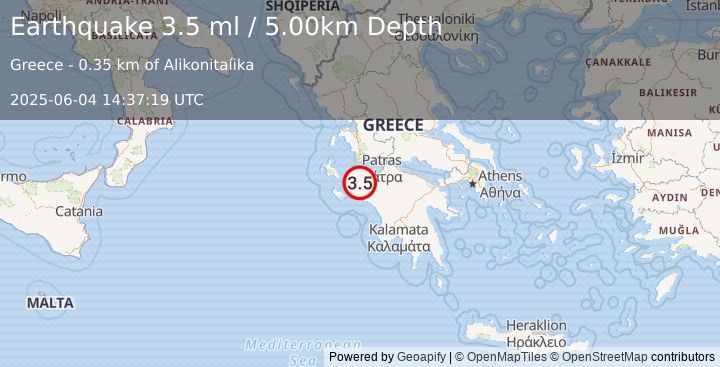 Earthquake SOUTHERN GREECE (3.5 ml) (2025-06-04 14:37:19 UTC)