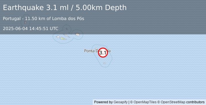 Earthquake AZORES ISLANDS, PORTUGAL (3.1 ml) (2025-06-04 14:45:51 UTC)