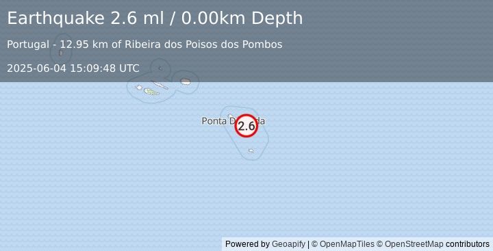 Earthquake AZORES ISLANDS, PORTUGAL (2.6 ml) (2025-06-04 15:09:48 UTC)