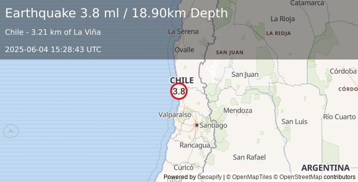 Earthquake COQUIMBO, CHILE (3.8 ml) (2025-06-04 15:28:42 UTC)