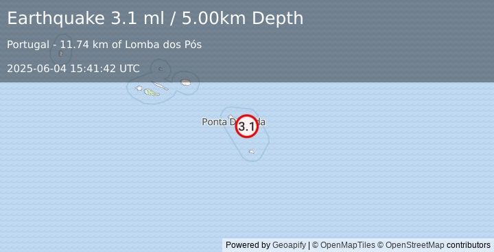 Earthquake AZORES ISLANDS, PORTUGAL (3.1 ml) (2025-06-04 15:41:42 UTC)