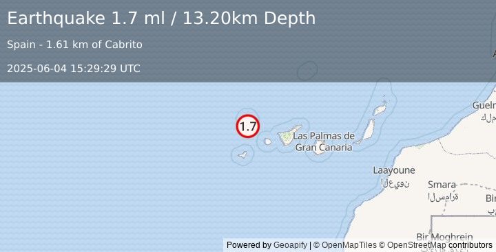 Earthquake CANARY ISLANDS, SPAIN REGION (1.7 ml) (2025-06-04 15:29:29 UTC)