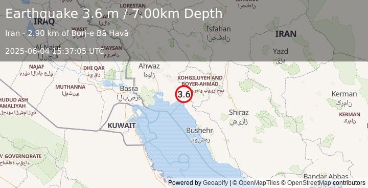 Earthquake SOUTHERN IRAN (3.6 m) (2025-06-04 15:37:05 UTC)