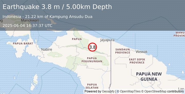 Earthquake PAPUA, INDONESIA (3.8 m) (2025-06-04 16:37:37 UTC)