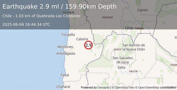 Earthquake ANTOFAGASTA, CHILE (2.9 ml) (2025-06-04 16:44:34 UTC)