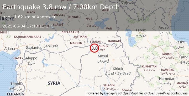 Earthquake TURKEY-SYRIA-IRAQ BORDER REGION (3.8 mw) (2025-06-04 17:18:12 UTC)