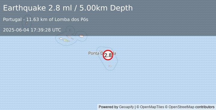 Earthquake AZORES ISLANDS, PORTUGAL (2.8 ml) (2025-06-04 17:39:28 UTC)