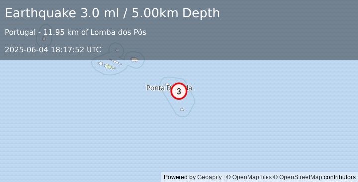 Earthquake AZORES ISLANDS, PORTUGAL (3.0 ml) (2025-06-04 18:17:52 UTC)