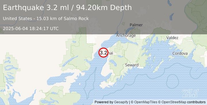 Earthquake KENAI PENINSULA, ALASKA (3.2 ml) (2025-06-04 18:24:17 UTC)